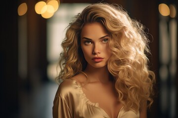 Blonde woman with curly hair portrait in soft lighting. Beauty and haircare.