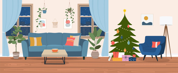 Christmas living room interior. Vector flat  cartoon illustration