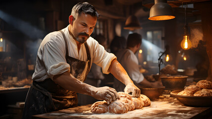 Portrait d'un homme boulanger dans une boulangerie/pâtisserie, fabrication du pain frais le matin - obrazy, fototapety, plakaty