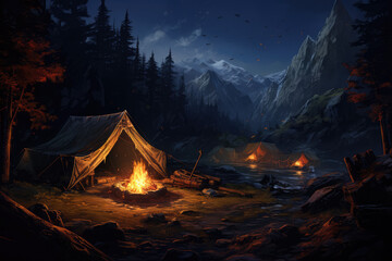 Illustration of a bonfire in the forest at night