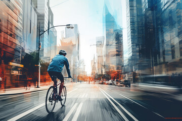 Cyclist riding a bike on a city street in motion blur - obrazy, fototapety, plakaty