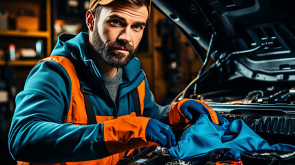 Mécanicien répare moteur voiture, garage automobile, réparation de véhicule, mécano dans un atelier