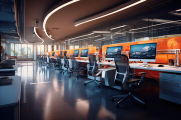 Interior of a modern office with computers and monitors. 3d rendering