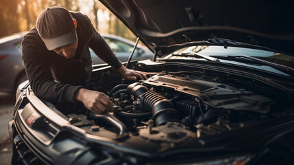 Mécanicien répare moteur voiture, garage automobile, réparation de véhicule, mécano dans un atelier
