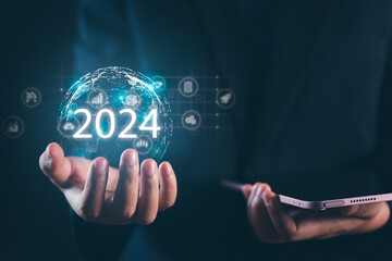 Data Analysis Leadership Businessman Unveils Trends for 2024 Management - obrazy, fototapety, plakaty
