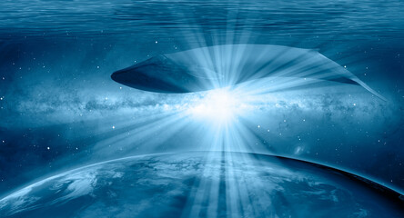 World oceans day concept with whale with supernova expl. - Planet earth underwater with a beautiful outher space  