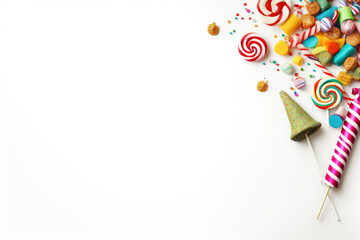 Colorful candies and confetti on white background with copy space