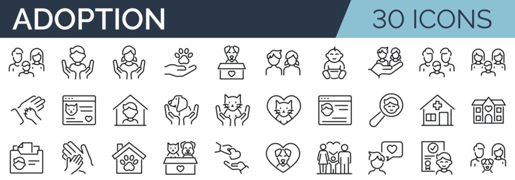 Set of 30 outline icons related to child and pet adoption. Linear icon collection. Editable stroke. Vector illustration