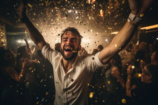 Excited Man In Confetti Rain Celebrating