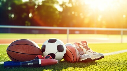 Composition of sports equipment. Composition of various sport equipment for fitness and games.