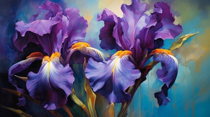 An iris in rich shades of violet and indigo against a bright teal background.