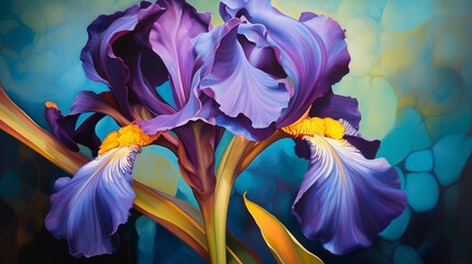 An iris in rich shades of violet and indigo against a bright teal background.