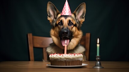 Happy puppy celebrates birthday. German shepherd wearing a paper hat is sitting at a table near a cake. A greeting card with a dog. Generative AI.