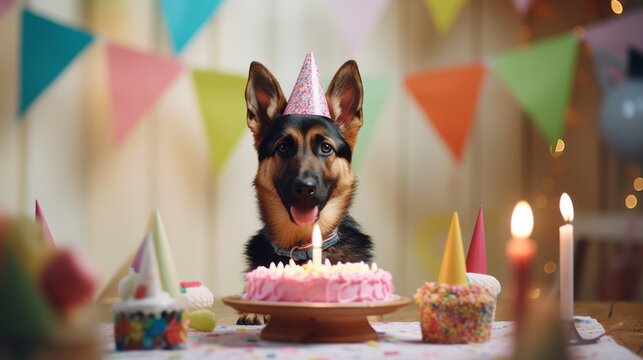 Happy puppy celebrates birthday. German shepherd wearing a paper hat is sitting at a table near a cake. A greeting card with a dog. Generative AI.