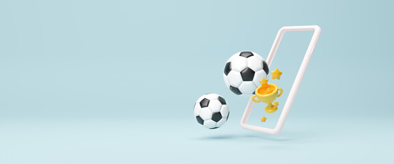 Soccer ball with golden trophy with Smartphone, football concept design. Sport online channel. sport application online. soccer channel. soccer competition. Online game or video stream. 3d rendering