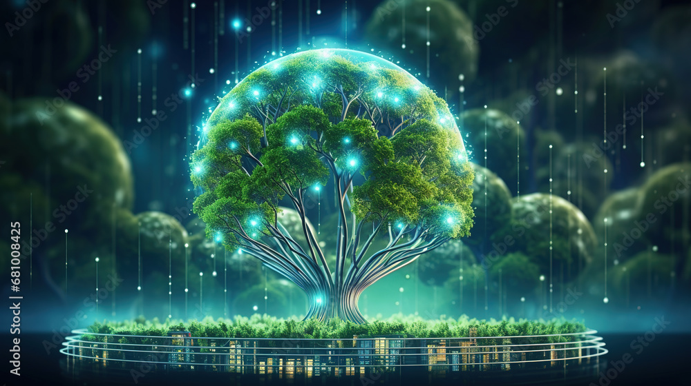Poster tree growing on circuit digital ball. digital and technology convergence. blue light and wireframe n