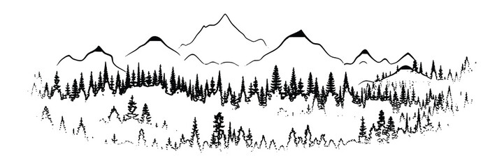 Mountain landscape, minimalism, imitation pencil drawing, vector illustration