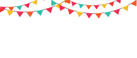 Obraz premium Garland of colored flags horizontal banner. Festive vector background in flat cartoon style on a white background.