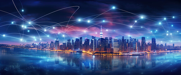 Smart network and Connection technology concept at night in USA, Panorama view