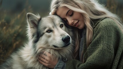 A girl takes a selfie with a wolf. A girl walks with a wolf in the park. Saturated colors. Fashion photo of a girl in a jumper in the countryside in a field.