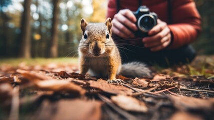 Close-up of a squirrel in the park. A boy takes a picture of a squirrel in the park.
