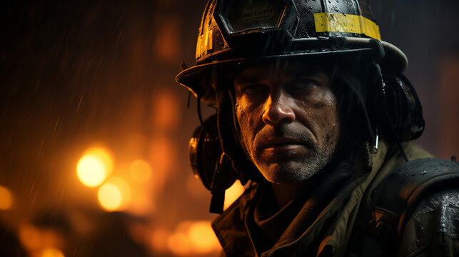 Primo piano di un vigile del fuoco durante un'intervento per spegnere il fuoco in un ambiente urbano di notte con fumo e pioggia
