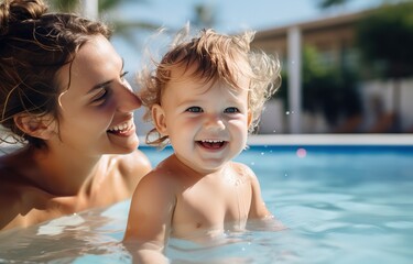 Fototapeta na wymiar Photo of smiling mother and daughter in swimming pool in sunny day, happy family summer vacation joyful and optimistic atmosphere, generative Ai