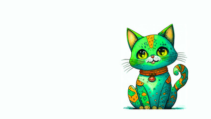 A cute green cat with big eyes wearing a locket. Ai generated