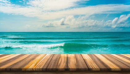 wooden table top on blurred sea waves and sky empty wooden table with summer sea waves on background wooden table and sea use for backgroud with space - obrazy, fototapety, plakaty