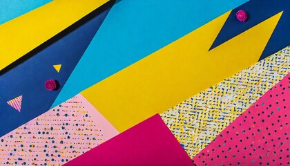 texture background of fashion papers in memphis geometry style yellow blue pink colors