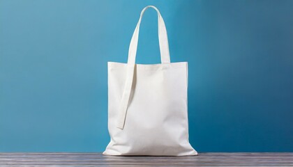 white tote bag without words isolated on blue background mock up