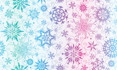 Vector seamless gradient Christmas pattern with snowflakes on the white background - obrazy, fototapety, plakaty