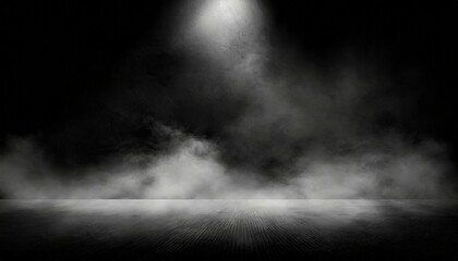abstract image of dark room concrete floor black room or stage background for product placement panoramic view of the abstract fog white cloudiness mist or smog moves on black background - obrazy, fototapety, plakaty