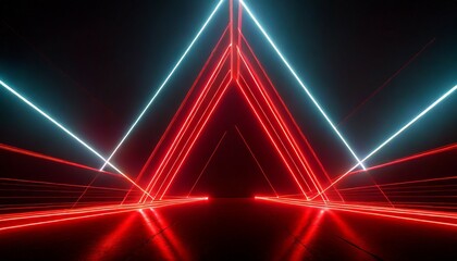 bright red neon laser lights illuminate the darkness creating lines and triangle shapes in sci fi effect