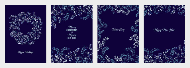 Simple Christmas templates with copy space. Set greeting cards Merry Christmas, Happy New Year with vector hand drawn decorative, elegant  Christmas wreath, simple floral frame, winter ornament