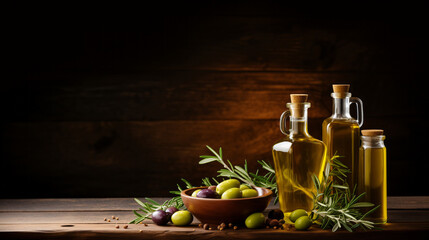 Olive oil bootles, green olives and a branch of rosemary on a rustic wooden table, with copy space for text