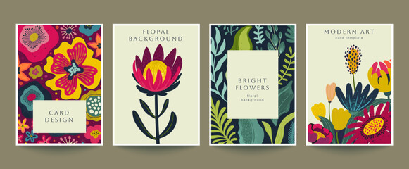 Set of four vector pre-made cards in modern style with nature motifs, flowers and leaves. Templates for your design. - 681010682