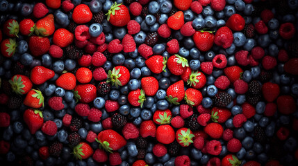 High angle view of pile of mixed fresh and ripe berries like strawberries, blueberries,  raspberries, and blackberry.