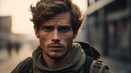 young men with curly hair in a war torn city - cinematic still shot