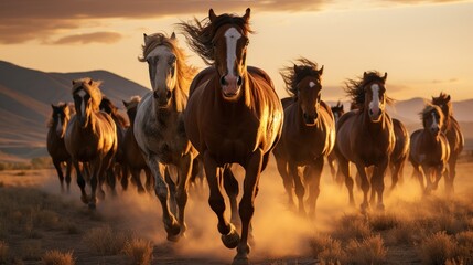A majestic herd of wild horses galloping freely through