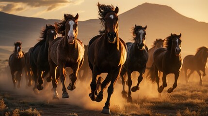 A majestic herd of wild horses galloping freely through