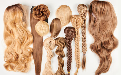 Natural looking shiny hair, bunch of different colors curls and wigs isolated on white background