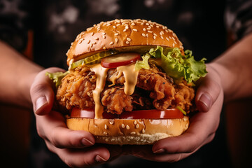 close up a person holding up a chicken burger with a crispy coating, in the style of elaborate detailing - obrazy, fototapety, plakaty