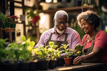 Fototapeta na wymiar Afroamerican senior couple enjoy takes care indoor