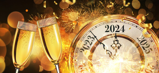 New Year 2024 with gold vintage clock, champagne, confetti and fireworks, concept. New Year's Eve,...