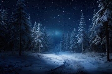 Enchanted winter night scenery with snow-covered trees and starry sky. Magical winter landscape.