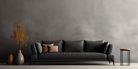 Elegant Interior with Black Sofa, Modern Furniture. Cozy Decor Of Living Room