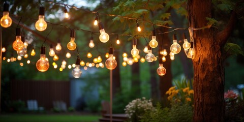Decorative outdoor string lights hanging on tree