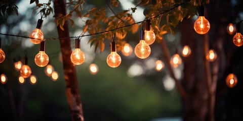Decorative outdoor string lights hanging on tree