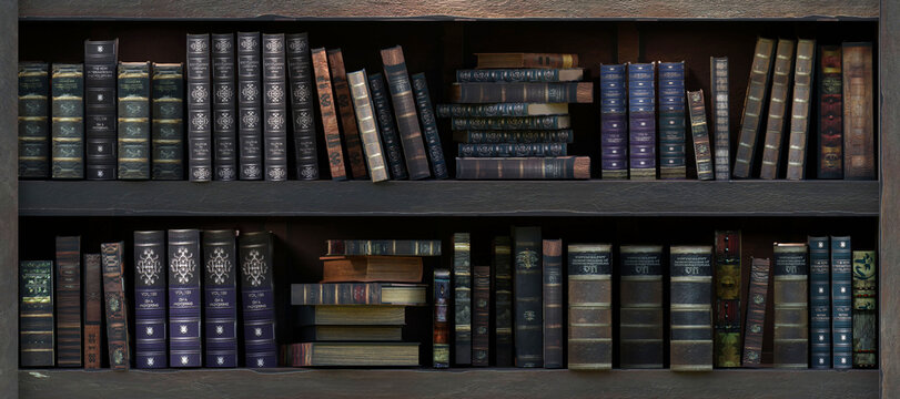 Many old books in a row on wooden bookshelf in dark library room. Concept of education, reading, knowledge and intelligence. 